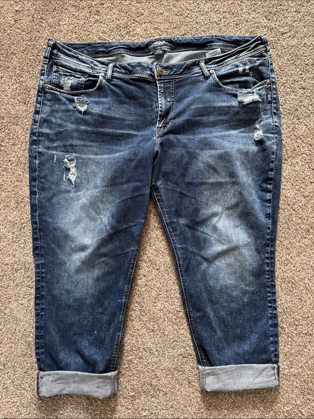 Silver Jeans Dark Blue Distressed Cropped Capri